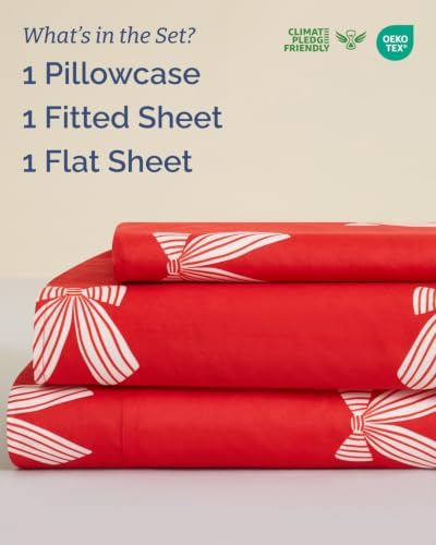 Christmas Sheet Set, Red Ribbon Bows, Holiday Xmas Bedding Set - Twin Size
