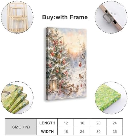 Snowy Christmas Tree Canvas Wall Art Winter Sled Birds Decor Inner Frame