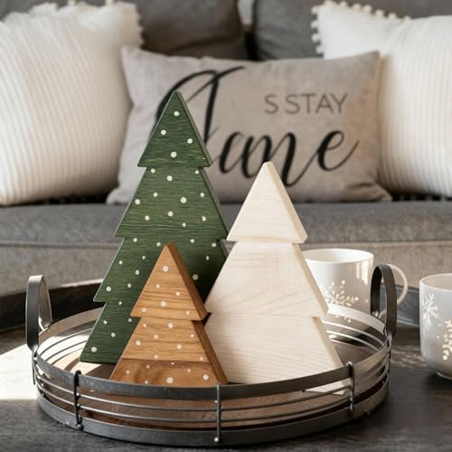 DAZONGE Christmas Decor, Set of 3 Wooden Tabletop Christmas Tree Decorations Sign, Farmhouse Neutral Freestanding X-mas Tree for Home Mantel Shelf Office