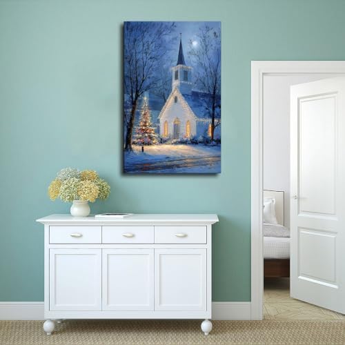 JDBeehpy Night White Church Xmas Tree Canvas Wall Art Framed 16x24inch