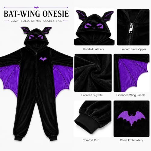 Adult Bat Costume Pajamas Flannel Hooded Onesie with Wings for Halloween