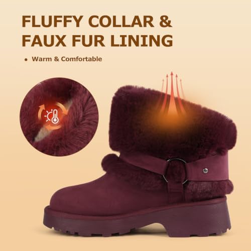 Furry Winter Boots for Women Block Heels Platform Buckle Slip On