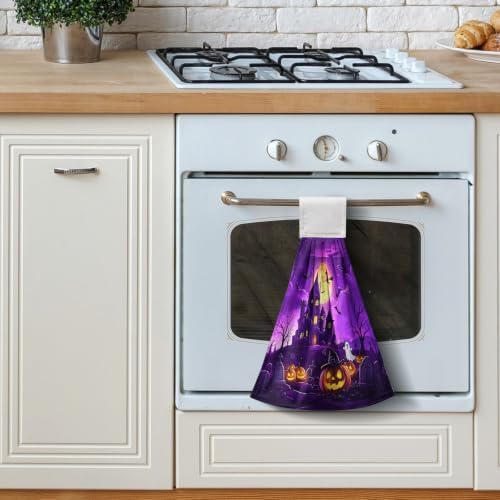 Halloween Haunted Castle Kitchen Hanging Towels Full Moon Pumpkin Ghost Witch Hand Tie Towel with Hanging Loops Dish Towels Washcloth Soft Absorbent for Bathroom Set of 2