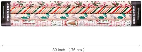 WRAPAHOLIC 30 Inch Christmas Wrapping Paper Roll - Jumbo Roll Red and Green Christmas Decor, Candy Canes, Holly and Bow Wrapping Paper - 4 Rolls - 30 Inch x 120 Inch Per Roll