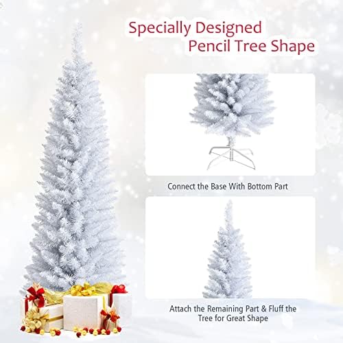 5FT White Pencil Christmas Tree, Artificial Christmas Tree w/Premium PVC Needles, Pine Tree w/Solid Metal Stand, Ideal for Home, Office, Shops, Holiday Decoration