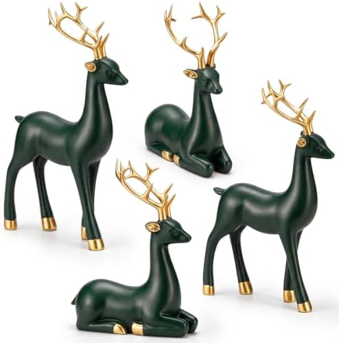 Thyle 4 Pcs Christmas Reindeer Decor Indoor Dark Green Resin Deer Figurine