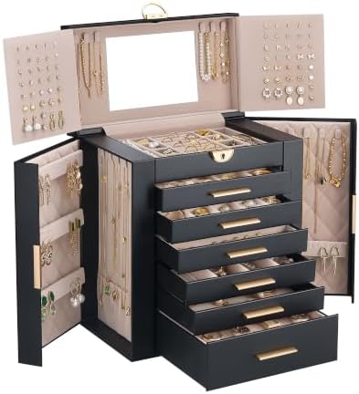 Lolalet Large Jewelry Box, 7-Layer Jewelry Organizer with 6 Drawers -Black
