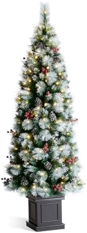 Glitzhome 6 FT Christmas Tree, Pre-Lit Artificial Entrance Trees Greenery Pine Cones and Red Berries Christmas Porch Tree with 200 Warm White Lights for Front Door, Porch, Entryway