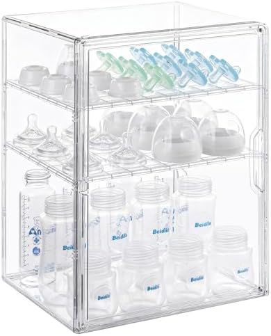 ERTIUANIO Baby Bottle Organizer – 3 Tier Bottle Storage Organizer Baby for Nipples, Pump Parts, Food Jars – Clear Acrylic Bottle Station Organizer for Countertop and Kitchen, Gifts for New Mom