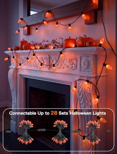 SUNSGNE C9 LED Halloween Orange String Lights 25FT Outdoor String Lights with 27 0.6W LED Plastic Bulbs(2 Spare) for Patio Garden Roofline Backyard Decorations, Black Wire