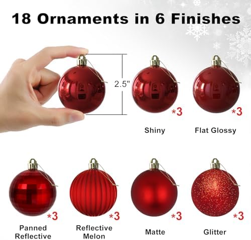 Rose Red 2.5" Christmas Balls Christmas Tree Decoration Ornaments Shatterproof Hanging Balls for Birthday Halloween Holiday Wedding Decorations Set of 18pcs