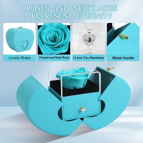 Preserved Rea Cyanl Rose with I Love You Necklace 100 Languages, Gifts for Girlfriend, Women, Mom, Wife, Gifts Idea on Christmas, Valentine's Day, Mother's Day, Birthday, Anniversary, Thanksgiving