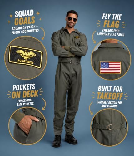 Tipsy Elves Men's Pilot Halloween Costume - Green Military Flight Jumpsuit