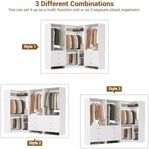 Aheaplus Closet System with 6 Drawers, 4 Hanging Rods & Corner Tower, Corner Closet System with Hanging, 80.9" L-Shaped Walk-In Wardrobe Organizer, 2000+ lbs Capacity, Set of 3, White