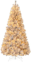 HAPPYGRILL 7 FT Pre-Lit Christmas Tree Silver Tinsel Artificial Xmas Tree with 807 Branch Tips, 400 Warm White LED Lights, Upgraded Metal Stand, Hinged Decoration Tree, Festive Celebration Tree