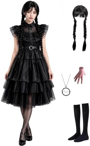 Women's Gothic Halloween Costume Long Black Dress with Wig Necklace