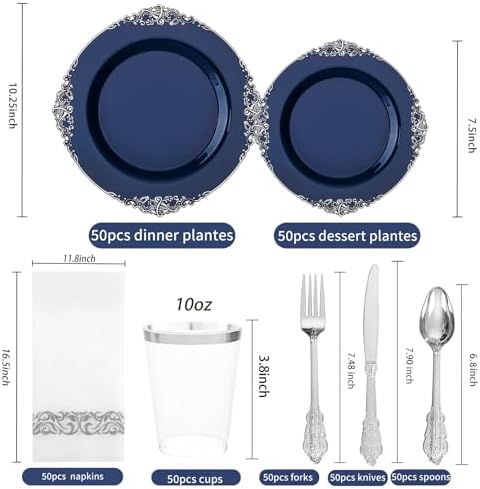 Hioasis 350 Pcs Blue Silver Plates for Graduation
