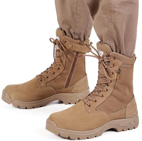 Men's Military Tactical Work Boots with Side Zipper, Puncture Resistant, Desert Combat, Army Jungle, 8 Inch Lightweight Hiking Boots