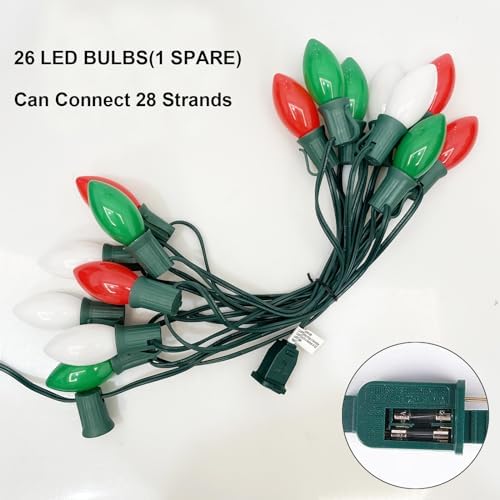 SUNSGNE C9 LED Outdoor Vintage Christmas Lights, 25FT Christmas Tree Lights with 26 0.6W LED Red Green White Bulbs(1 Spare) for Patio Garden Holiday Home Décor, Green Wire