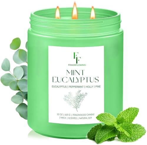 Mint Eucalyptus Large Scented Candle, 3-Wick 22oz Long Lasting Scented Candle, Natural Soy Wax Aromatherapy Candle for Home, Candle Gifts for Women Men