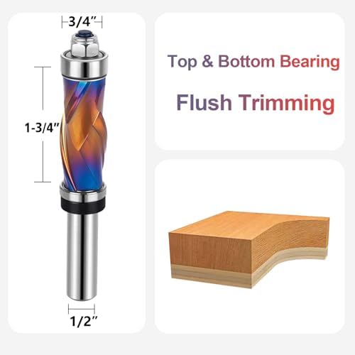 SpeTool Coated Compression Flush Trim Router Bit 1/2 Shank 3/4 Cutting Diameter, Top & Bottom Bearing Extra Long