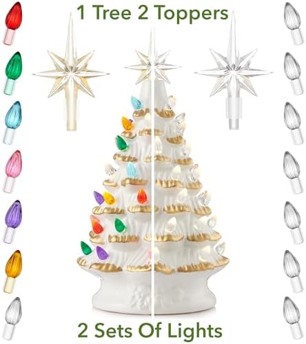Casafield Hand Painted Ceramic Christmas Tree, White 12-Inch Pre-Lit Tree with 100 Multi Color Lights and 2 Star Toppers