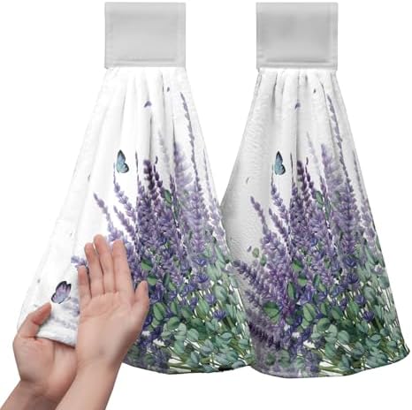 Purple Lavender Flower Hand Towels for Bathroom Set of 2 Watercolor Floral Hanging Dish Towels Spring Summer Kitchen Towel with Hanging Loop Fingertip Small Bath Tie Towel for Guest Decor