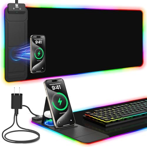Mouse Pad with Foldable Phone Holder & Wireless Charger, XL RGB Gaming Mousepad 31.5"x11.8" Large Desk Mat for Keyboard, Home Desk Pad with Dual Qi Charging Station | 11 Colors & 5 Modes | Waterproof