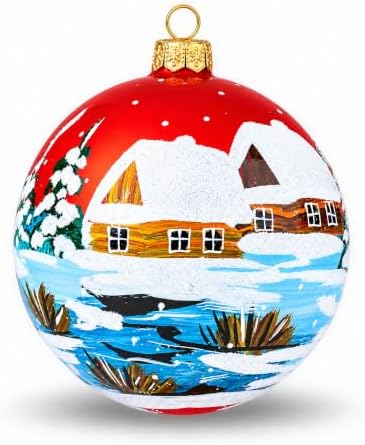 Polish Hand Blown Glass Christmas Ornaments Ball, Cottage Red Blue 5 in