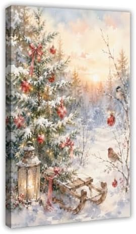 Snowy Christmas Tree Canvas Wall Art Winter Sled Birds Decor Inner Frame
