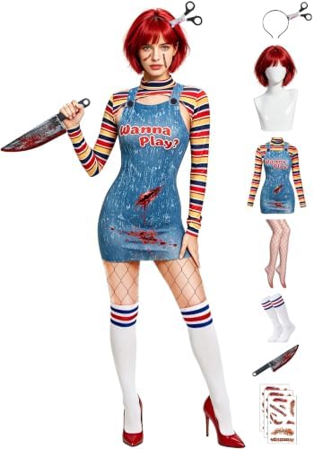 【6 Sizes】 Halloween Chucky Costume for Women Sexy Bolero Top Overall Bodysuit Wig Socks Scar Tattoos Prop Knife