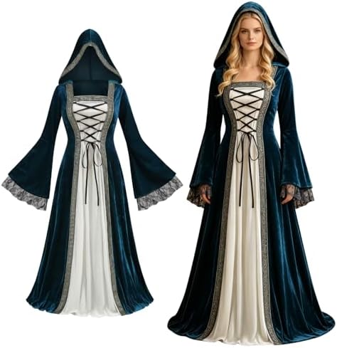 Colorful House Women Hooded Medieval Renaissance Dress Halloween for Adult