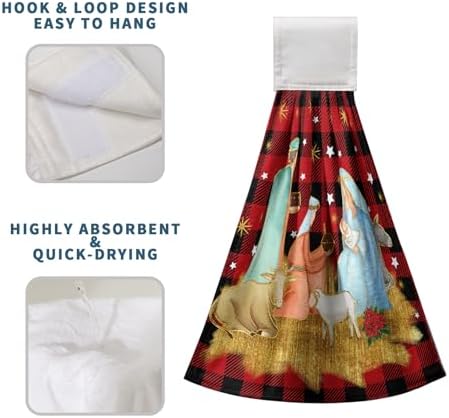 Christmas Holy Night Kitchen Towels with Hanging Loop Jesus Nativity Red Buffalo Plaid Hand Tie Towels Winter Holiday Xmas Soft Absorbent Bath Towel Oven Stove Dish Cloth Set of 2