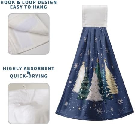 Christmas Tree Blue Hanging Kitchen Hand Towels Set of 2 Teal White Gold Xmas Snowflakes Kitchen Tie Towels Fast Drying Oven Stove Dish Towel Soft Absorbent Fingertip Bath Towel for Bathroom