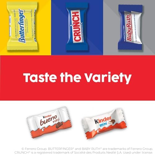 Butterfinger, CRUNCH, Baby Ruth, 100 Grand, Kinder Bueno, Kinder Chocolate, Halloween Candy Fun Size, 130 Minis, 36.9 oz (Pack of 2)
