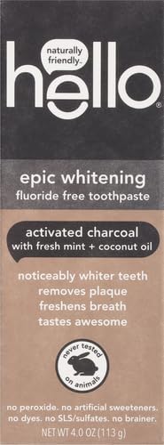 hello Epic Whitening Charcoal Fluoride Free Toothpaste, Activated Charcoal Toothpaste with Coconut Oil, Whitens Teeth Naturally, SLS Free, Fresh Mint, 4.0 Oz Tube (Pack of 12)