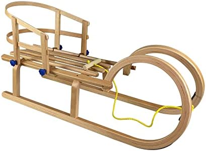 Vispronet Decorative Wooden Sled with Round Horns – Solid Wood Seat with Backrest and Water-Based Protective Lacquer – Frame Made from Laminated Beech Wood – Holds Up to 165lbs