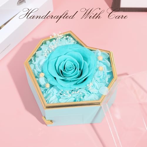 Preserved Cyan Real Rose with Necklace Forever Flowers Diamond shaped Box for Mom Wife Girlfriend Grandma on Mothers Day Birthday Valentines Christmas Anniversary Beatiful Gifts for women