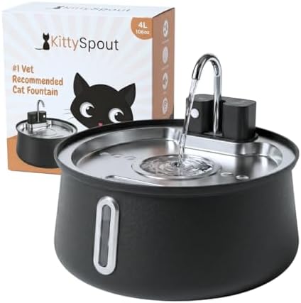 KittySpout 4L Stainless Steel Cat Water Fountain, Cordless Automatic Pet Drinking Dispenser, Quiet Circulating Water Bowl for Cats and Small Dogs, Dishwasher Safe, Indoor Use