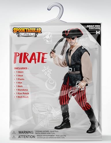 Spooktacular Creations Men Pirate Costume, Adult Pirate Shirt Vest Viking Pants Hat Set for Halloween Themed Parties