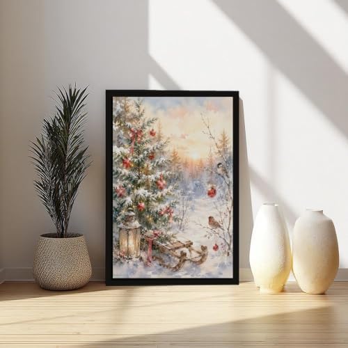 Snowy Christmas Tree Canvas Wall Art Winter Sled Birds Decor Black Frame