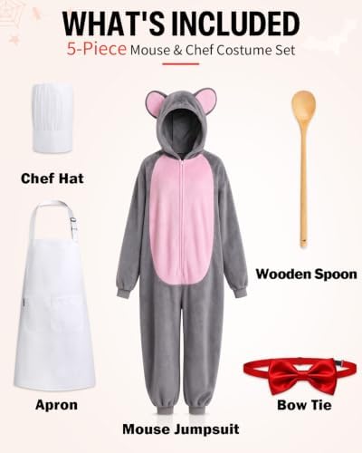 5 Pcs Adult Mouse and Chef Costume for Couples, Gray Rat Jumpsuit Set