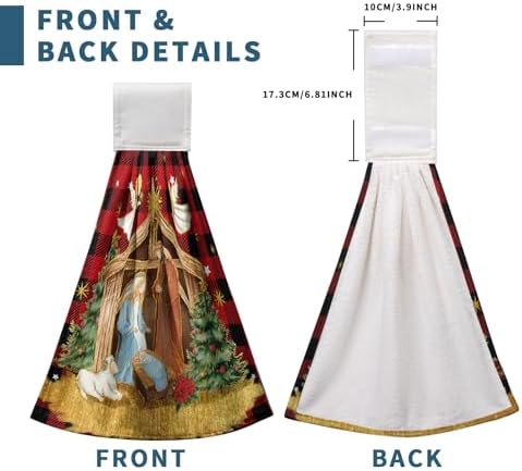 Christmas Holy Night Kitchen Towels with Hanging Loop Jesus Nativity Red Buffalo Plaid Hand Tie Towels Winter Holiday Xmas Soft Absorbent Bath Towel Oven Stove Dish Cloth Set of 2