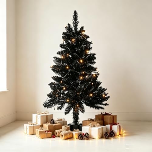 4ft Black Mini Artificial Christmas Tree Hinged Design with 100 Battery Powered LED Lights, 202 PVC Tips Small Black Xmas Tree for Apartment Corner Office Indoor Holiday Party Decorations