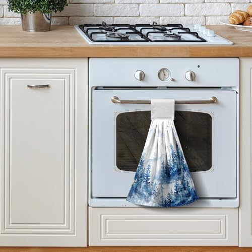 Blue Misty Forest Hanging Hand Towels Set of 2 Winter Nature Pine Trees Mountain Kitchen Towels with Hanging Loop Rustic Farmhouse Hand Towels Super Absorbent Soft Dish Tie Towel Tea Towel