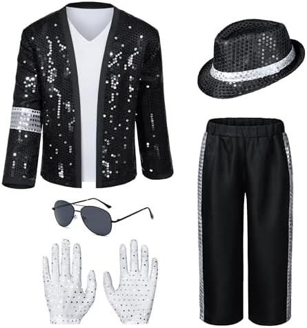 Dance Star Kids Costume for Boys 80s 90s Pop Stage Cosplay Party Halloween Role Play Black 3-12 Years