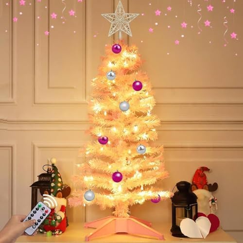 Remote Control&Timer&8 Modes 3 Ft Pink Christmas Tree with DIY 50 Warm Lights 15 Ball Ornaments 3D Star Battery Operated Pencil Full Valentines Tree Xmas Christmas Decorations Table Home Fireplace