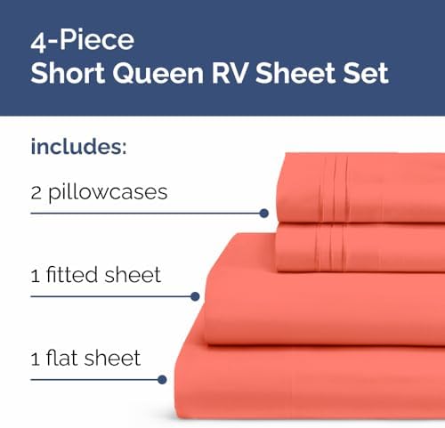Short Queen Size 4 Piece Bed Sheet Set - RV Short Queen Sheets - Coral