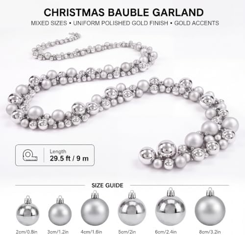 Sosation 29.5Ft Christmas Ball Ornament Garland, Silver, Glossy Matte