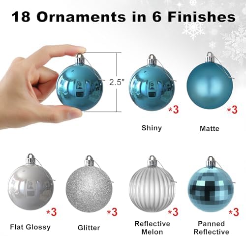 Baby Blue & Silver 2.5" Christmas Balls Christmas Tree Decoration Ornaments Shatterproof Hanging Balls for Birthday Halloween Holiday Wedding Decorations Set of 18pcs